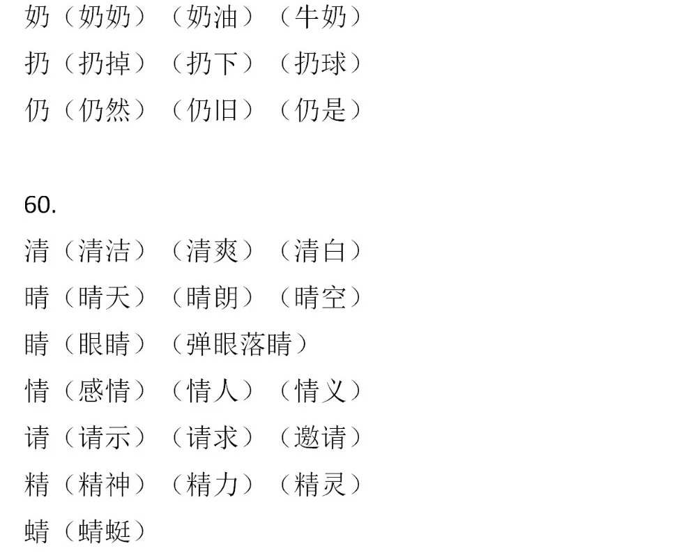 二年級(jí)語(yǔ)文下冊(cè)，60組形近字組詞