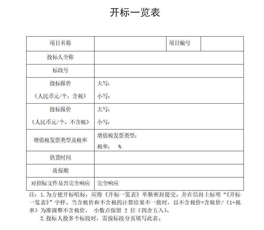 開標一覽表 標準格式
